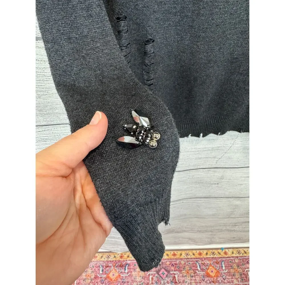 Fate Women's Gray Distressed Beaded Graphic Long Sleeve Sweater Size Small